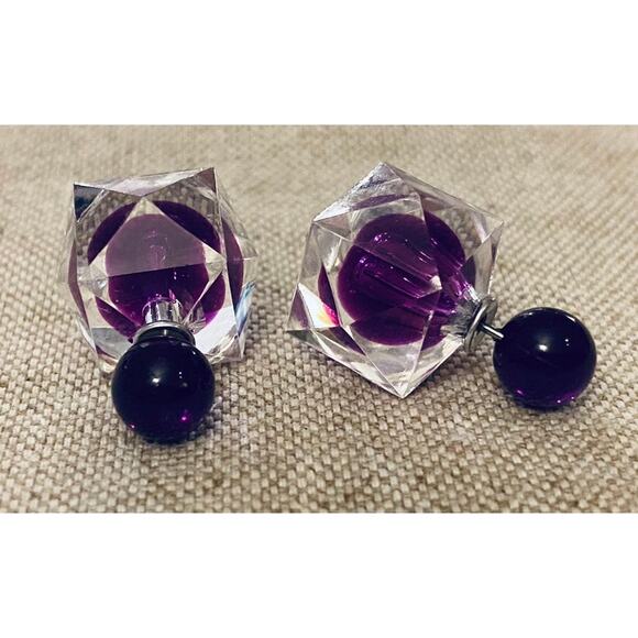 Double Sided Purple Ball Inside Crystal Earrings Peek-a-boo - Picture 1 of 3